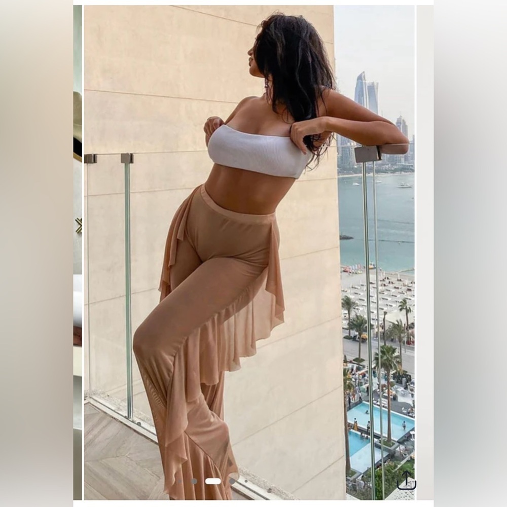 Fashion Nova Sunshine See Through Cover Up Pant Mocha Tan Sheer Ruffle Small NWT